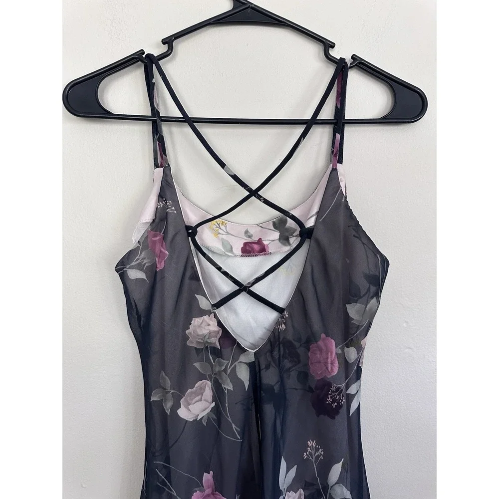 VTG Y2K Floral Slip Dress Coquette Fairy Grunge Sheer Mesh Strappy SMALL/MEDIUM
